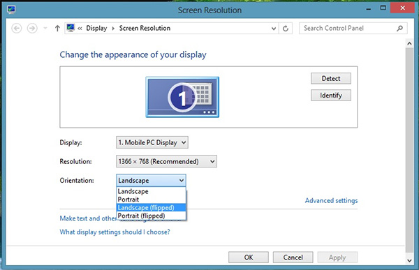Giao diện mục Screen resolution trên Windows 8/8.1
