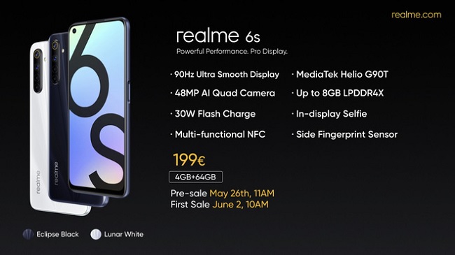 Realme 6s bản RAM 4GB/ROM 64GB được bán với giá 199 EURO tương đương khoảng 5 triệu đồng