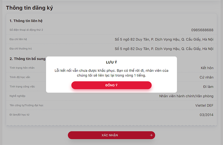 Lỗi kết nối trong quá trình đăng ký