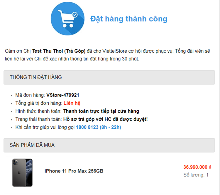 Đặt hàng thành công