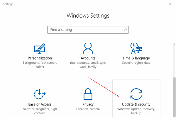 Mở mục Cài đặt và chọn mục Update & security