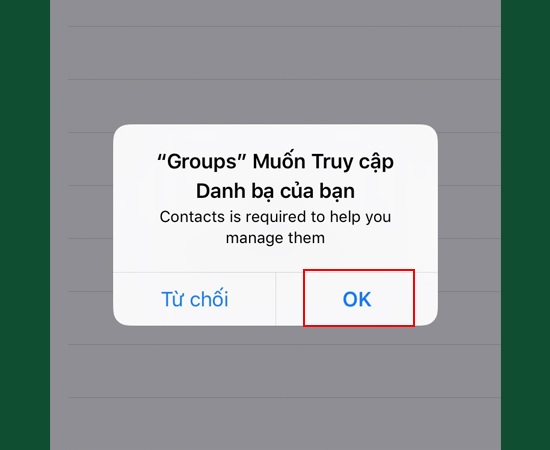 Nhấn OK để cho pháp Groups truy cập vào danh bạ