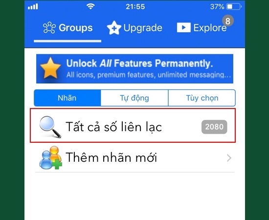 Nhấn chọn mục Tất cả số liên lạc