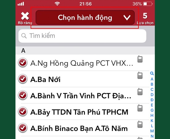 Nhấn chọn mục Chọn hành động ở trên cùng của màn hình