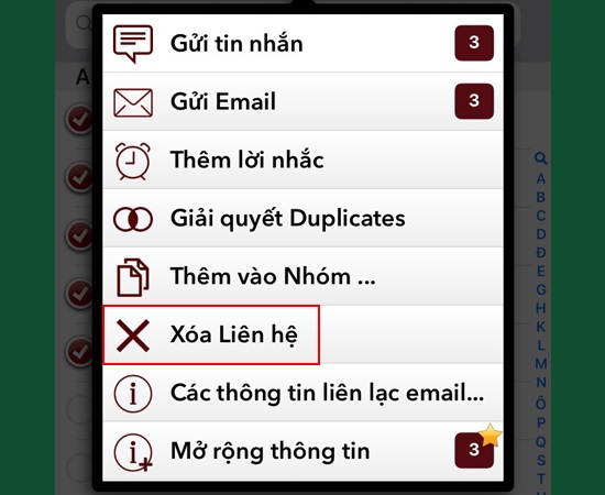 Nhấn chọn mục Xóa Liên hệ