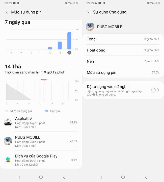 Báo cáo mức sử dụng pin và ứng dụng trên Galaxy A31