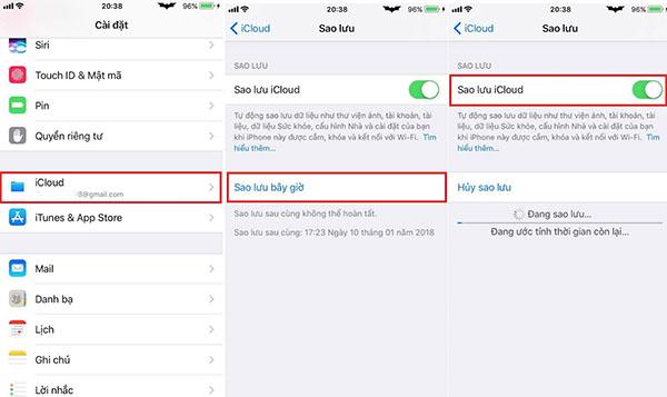 Đăng nhập tài khoản Apple ID/iCloud và tiền hành sao lưu toàn bộ dữ liệu
