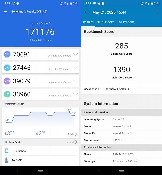 Kết quả kiểm tra trên Antutu của Vsmart Active 3
