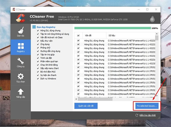 CCleaner tích hợp đồng thời 2 chức năng  xóa file Disk Cleanup và sửa nhanh lỗi Registry