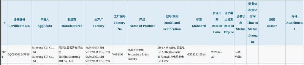 Thông tin về Note 20+ được tìm thấy trên chứng chỉ 3C
