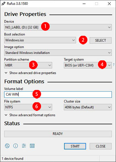 Lần lượt thực hiện các thao tác tại giao diện chính của phần mềm tạo USB Boot