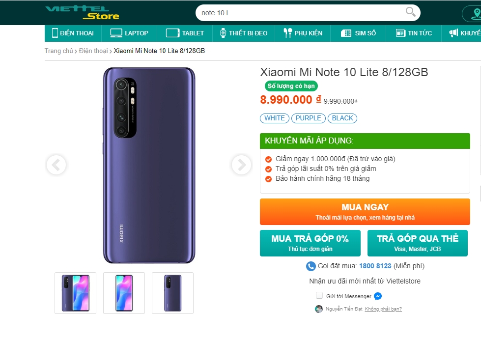 Giảm ngay 1.000.000 đồng khi mua Mi Note 10 Lite tại Viettel Store