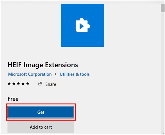Chọn Get để cài đặt HEIF Image Extensions