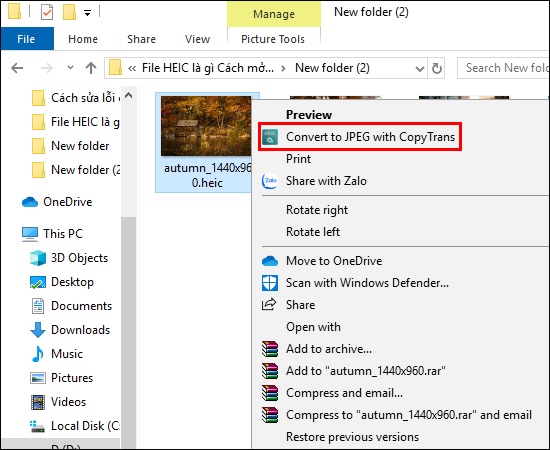 Click chuột phải ở bức ảnh đuôi .HEIC và nhấn chọn Convert to JPEG with CopyTrans