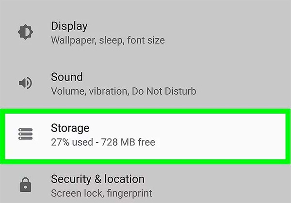 Chọn mục Lưu trữ trong trang Cài đặt trên điện thoại Android