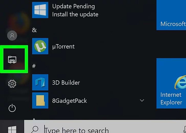 Nhấn chọn mục Start trên thanh công cụ và chọn mở File Explorer