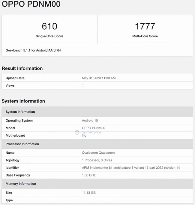 Lộ thông tin cấu hình OPPO Reno4 trên Geekbench