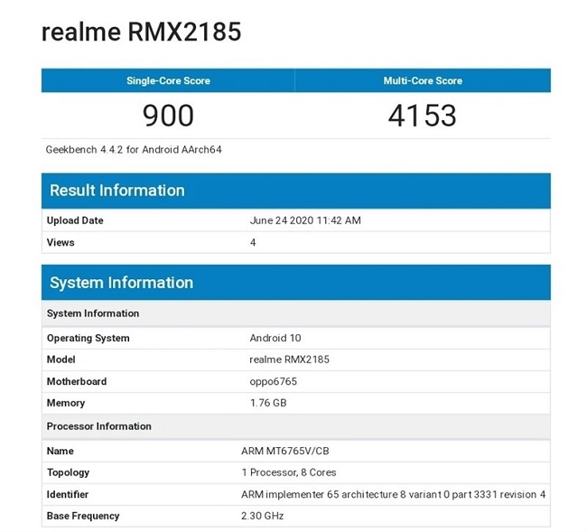 Lộ cấu hình Realme C11 trên GeekBench