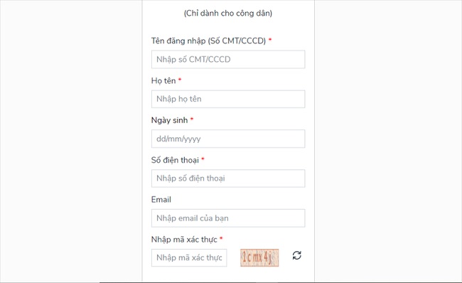 Nhập đầy đủ thông tin của người dùng