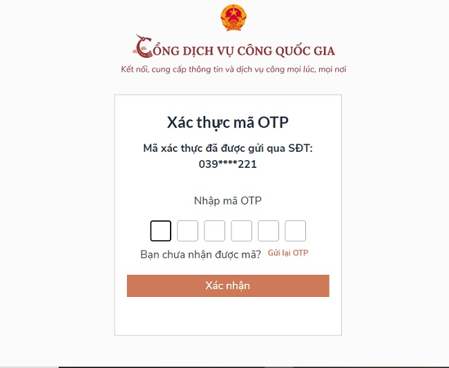 Nhập mã OTP gửi về số điện thoại đăng ký