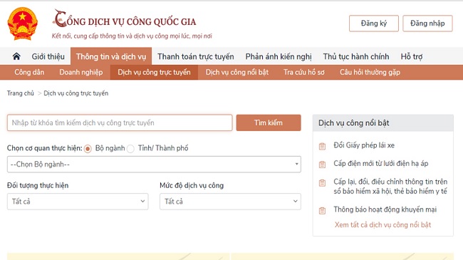 Chuyển sang menu Dịch vụ công trực tuyến
