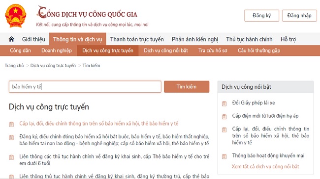 Tìm kiếm đến mục bảo hiểm y tế