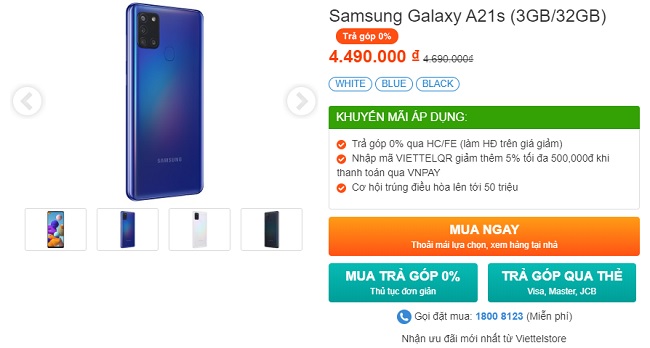 Samsung Galaxy A21s hiện đang được giảm còn 4.490.000 đồng, tặng kèm ưu đãi và hỗ trợ chính sách hấp dẫn tại Viettel Store