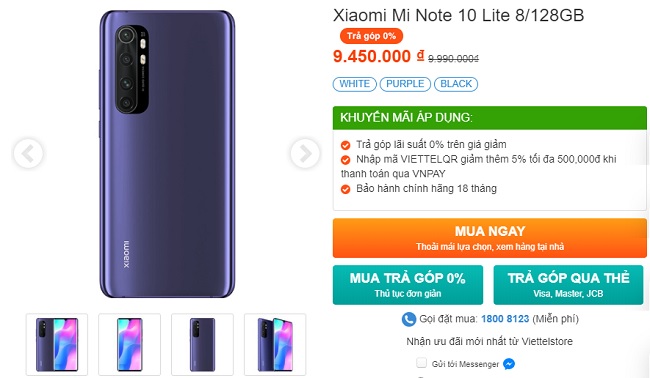 Xiaomi Mi Note 10 Lite hiện có giá bán 9.450.000 đồng tại hệ thống các siêu thị Viettel Store trên toàn quốc