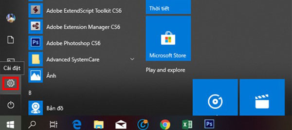 Vào Menu start rồi chọn phần Cài đặt trên Windows 10