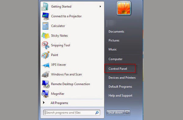 Nhấn chọn mục Control Panel trên thanh Menu Start