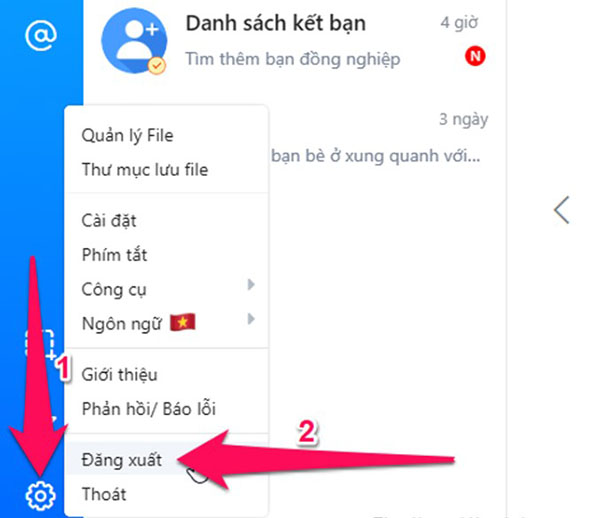 Chọn biểu tượng Cài đặt rồi chọn "Đăng xuất" để thoát tài khoản Zalo trên máy tính