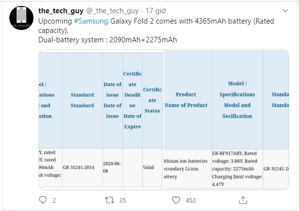 Rò rỉ thông tin dung lượng pin của Galaxy Fold 2