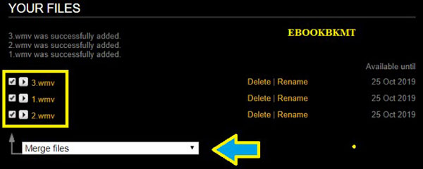 Trong ô Select action tiếp tục chọn  lệnh Merge files