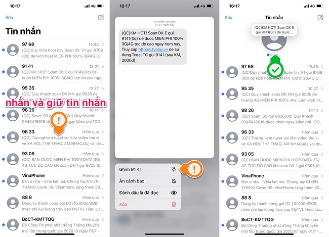 Nhấn và giữ để ghim tin nhắn