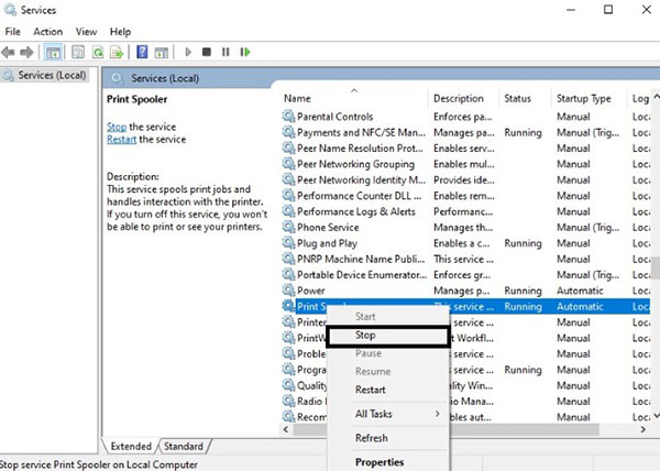 Nhấn chọn “Stop” để ngừng dịch vụ service Print Spooler