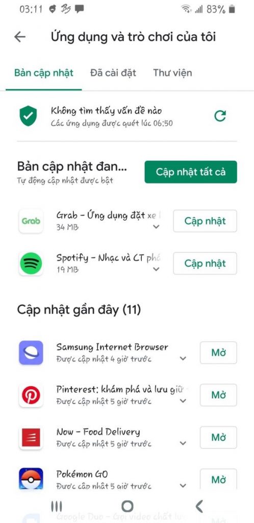 Tiến hành cập nhật tất cả các ứng dụng