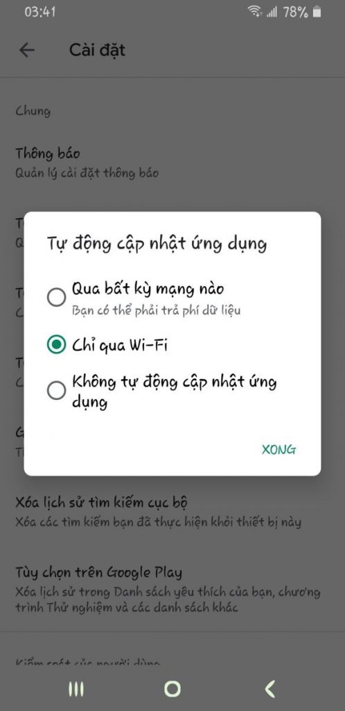 Chỉ cập nhật ứng dụng bằng chế độ wifi