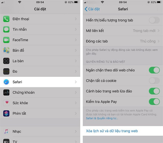Chọn chế độ Xóa lịch sử và dữ liệu trang web
