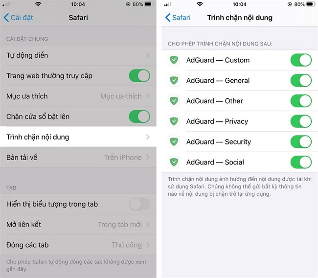 Chọn Trình chặn nội dung và bật tất cả các trình chặn nội dung lên