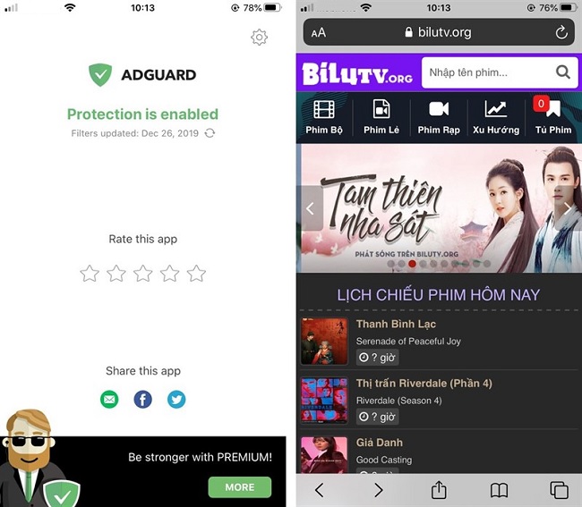 Màn hình ứng dụng AdGuard xuất hiện dòng chữ Protection is enabled là có thể truy cập web an toàn