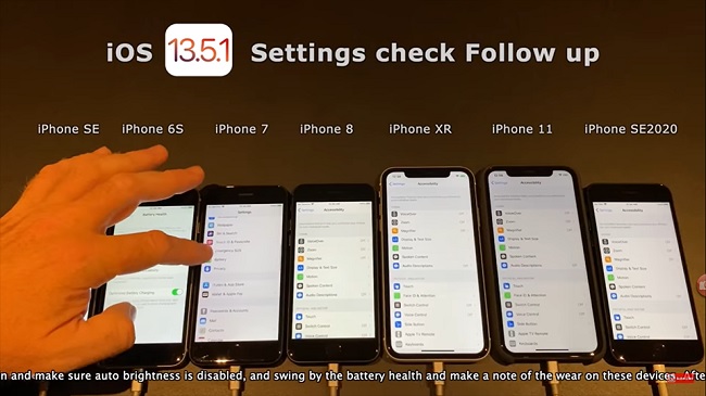 Hình ảnh trong video so sánh thời lượng pin iOS 13.5.1 và iOS 13.4.1