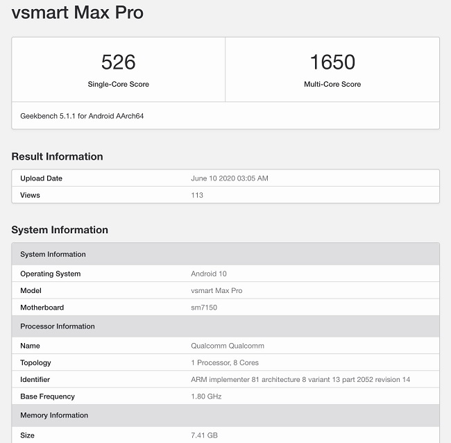 Điểm hiệu năng của Vsmart Max Pro được tìm thấy trên Geekbench