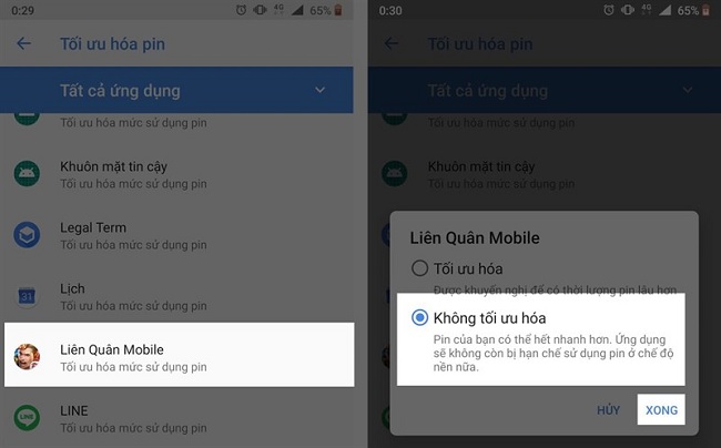 Tắt xong chế độ tối ưu hóa pin cho 1 ứng dụng