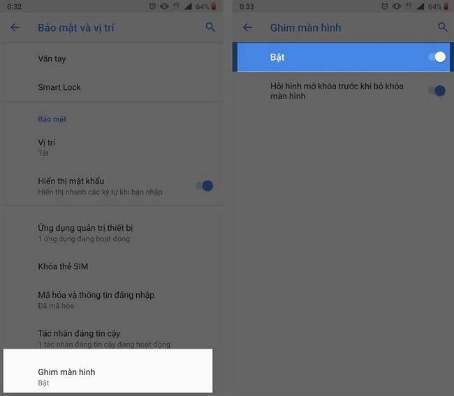 Bật tính năng ghim màn hình