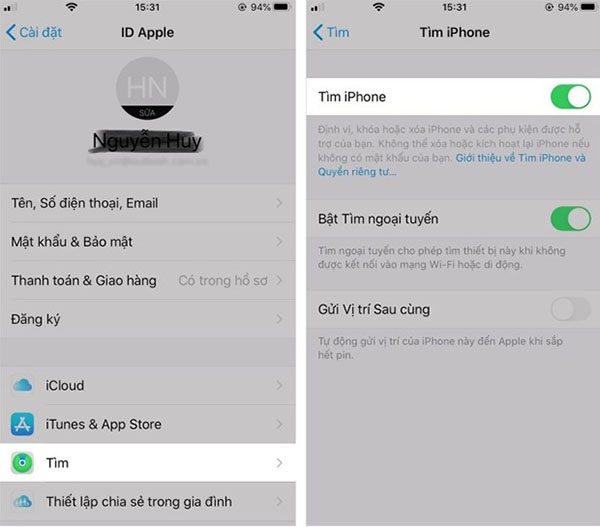 Bật chế độ Tìm iPhone