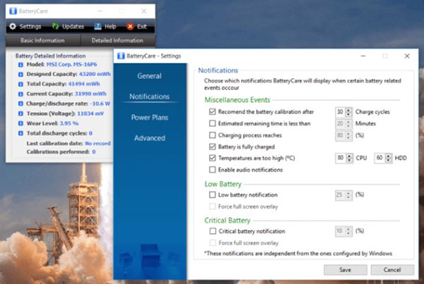 Dùng phần mềm BatteryCare hoặc Smart Battery để kiểm tra độ chai của pin laptop