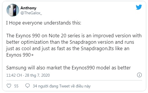 Thông tin từ leaker Anthony về con chip Exynos 990 trên Note 20