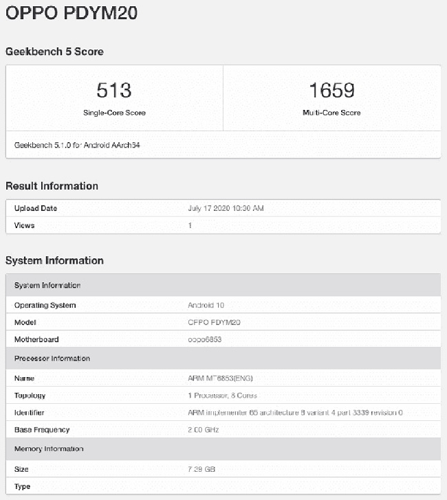Cấu hình OPPO A72 5G xuất hiện trên trang Geekbench
