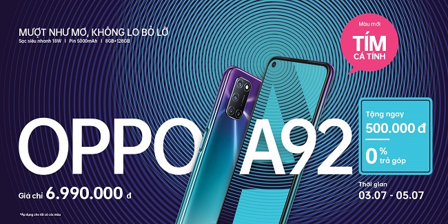 OPPO A92 với ưu đãi lên đến 500.000 đồng dành cho cả ba phiên bản màu sắc Đen Mạnh Mẽ, Trắng Sành Điệu và Tím Cá Tính