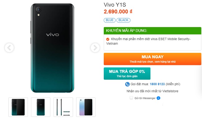 Vivo Y1s giá 2.690.000 đồng, 2 màu Đen lục bảo, Xanh quang cực, luôn có sẵn tại Viettel Store
